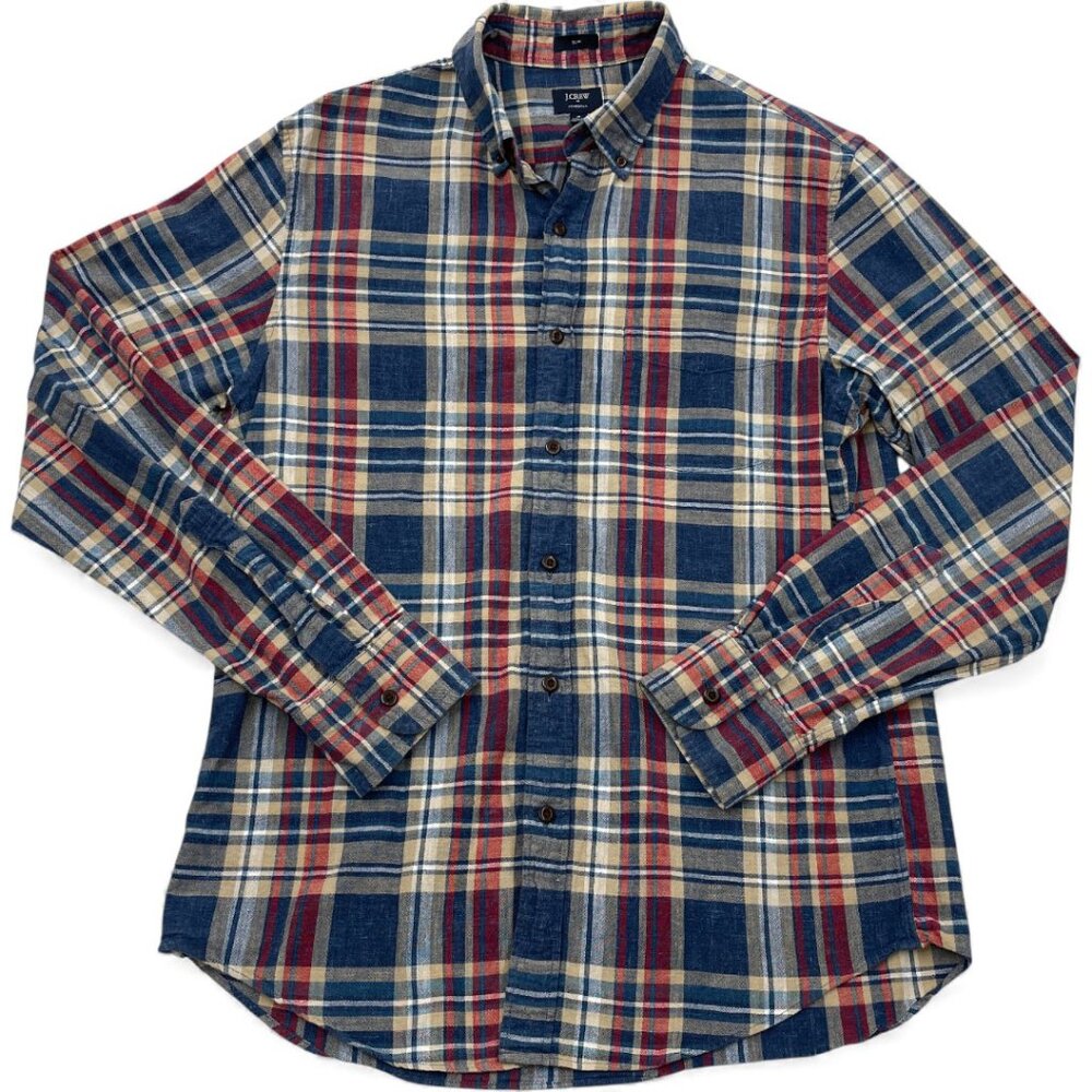 J. Crew Slim Plaid Cotton Button Down Red Blue Casual Dress Shirt Men's M